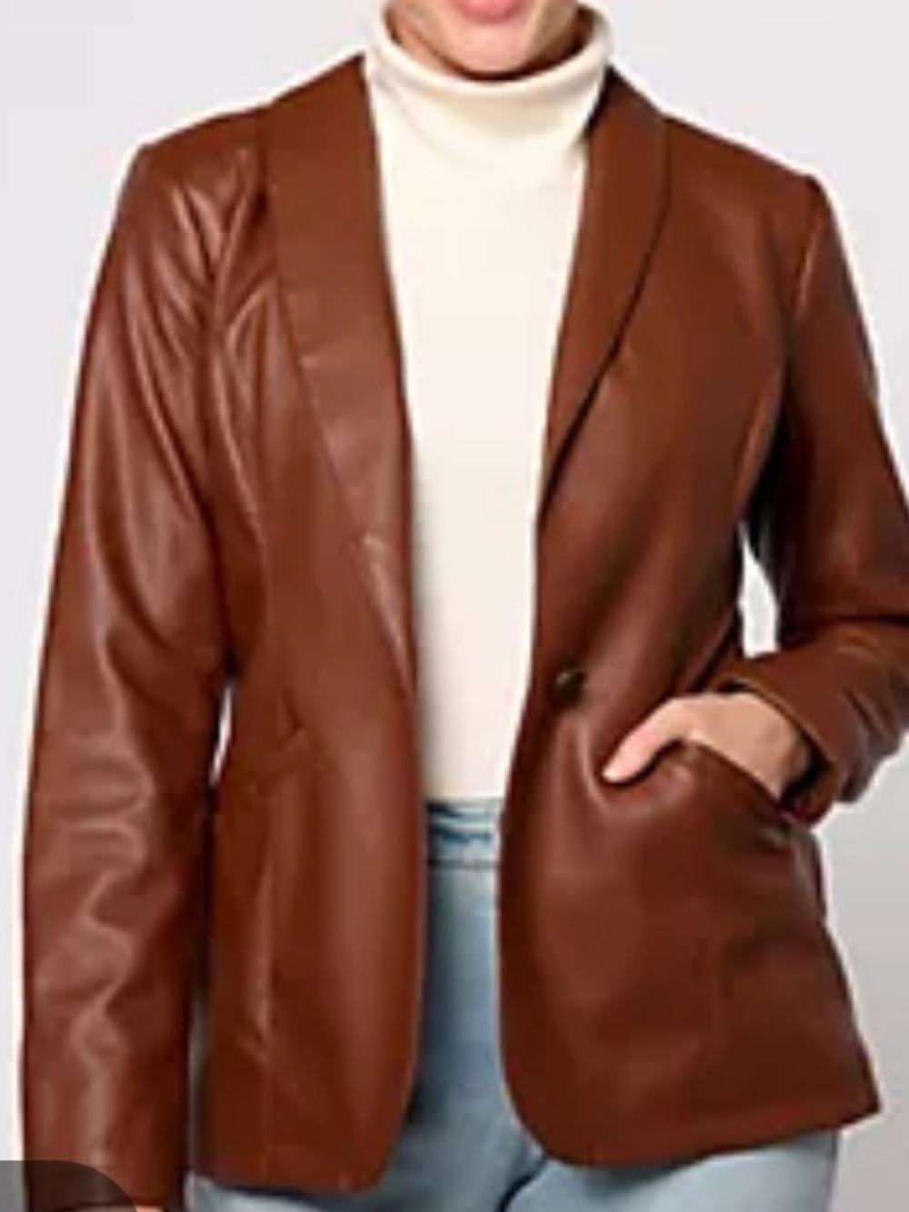 Susan Graver Faux Leather Shawl Collar Blazer L Cognac Brown NWT